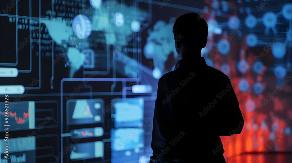 Silhouette of a Person in Front of a Futuristic Interface Illustration Silhouette of a Person in Front of a Futuristic Interface Illustration