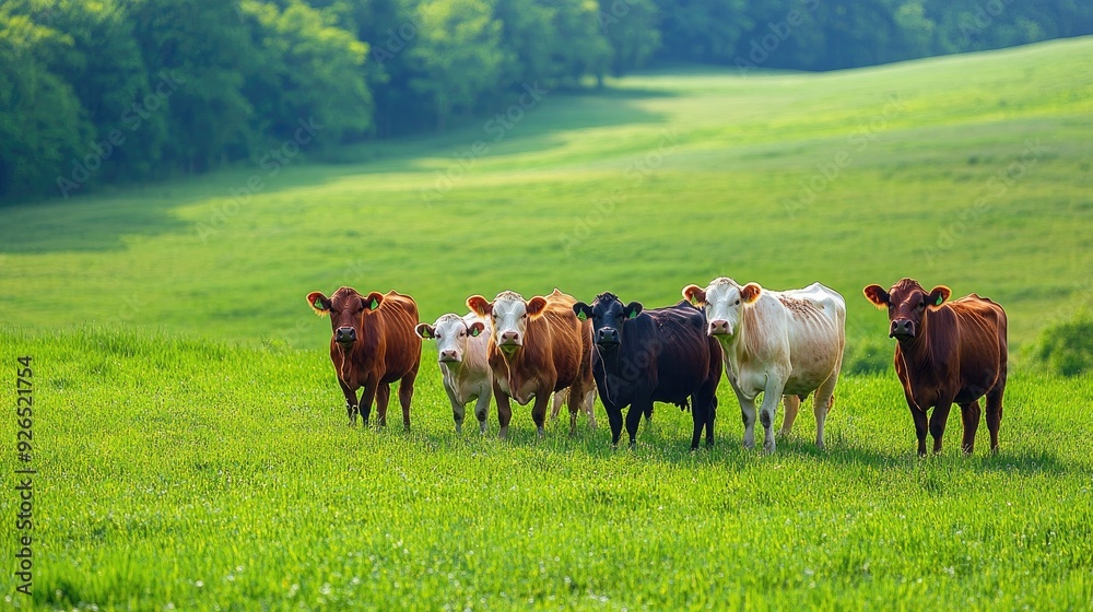A group of cattle in a green pasture, captured in a concept banner format, illustrating the livestock agriculture industry with a focus on rural life and farming. A group of cattle in a green pasture, captured in a concept banner format, illustrating the livestock agriculture industry with a focus on rural life and farming.