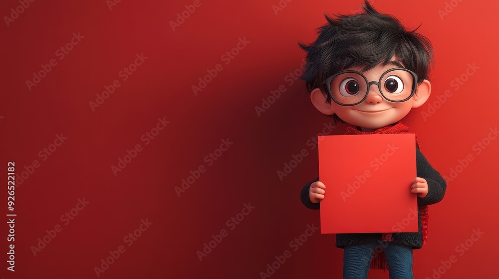Theatrical 3D cartoon kid in costume holding blank stage-shaped sign, dramatic red background Theatrical 3D cartoon kid in costume holding blank stage-shaped sign, dramatic red background