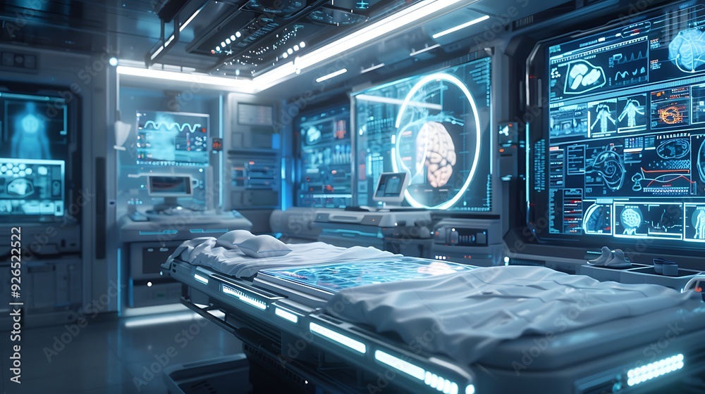 AI-powered diagnostic machine processing medical images, with glowing data interfaces in a futuristic clinic setting. Created Using: advanced medical technology, glowing interfaces, AI-powered diagnostic machine processing medical images, with glowing data interfaces in a futuristic clinic setting. Created Using: advanced medical technology, glowing interfaces,