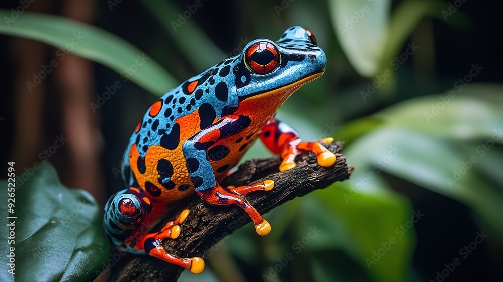 A colorful amphibian perches itself on a twig in front of some foliage. A colorful amphibian perches itself on a twig in front of some foliage.