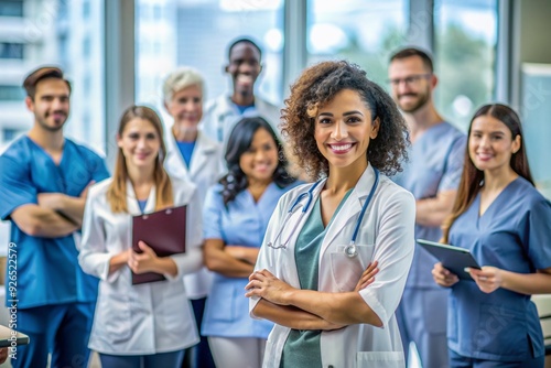 Confident female medical professional stands smiling in a training room, surrounded by classmates, exuding warmth and expertise in a modern healthcare setting.