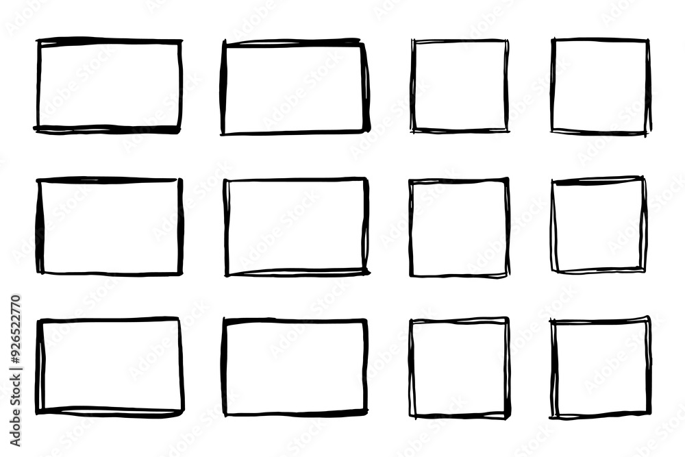 Squares, rectangle, grunge vector set in sketch style on white background. Black outline frame in hand drawn style Squares, rectangle, grunge vector set in sketch style on white background. Black outline frame in hand drawn style