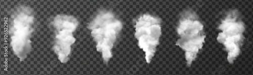 Smoke and fog set. Cloud or mist effect, realistic vector illustration isolated on transparent background.
