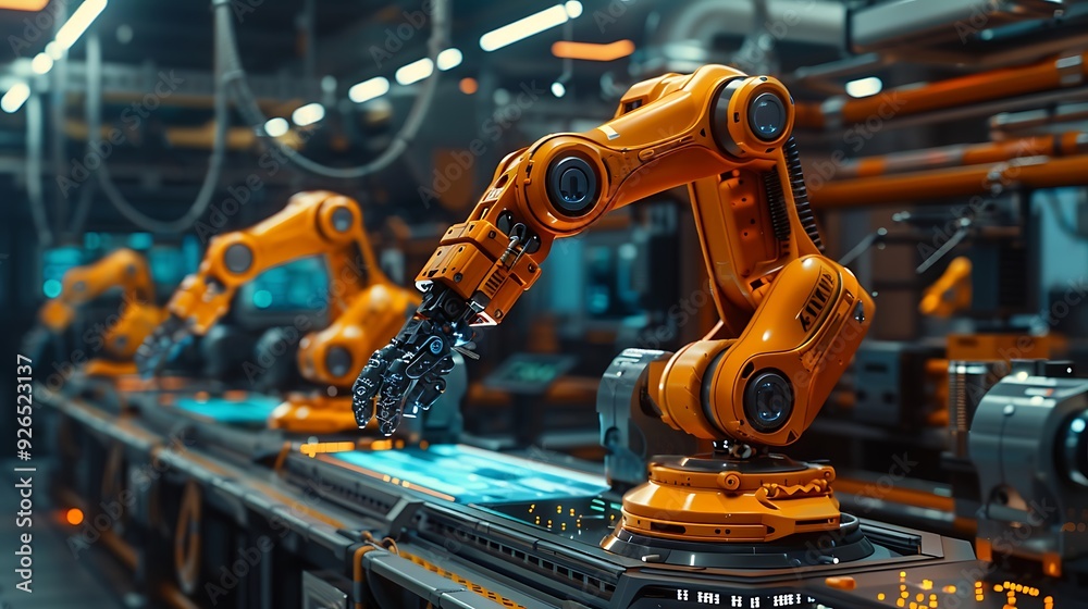 AI-powered robots performing precision tasks in a high-tech manufacturing facility, with holographic interfaces showing real-time quality control data. Created Using: advanced robotics, AI-powered robots performing precision tasks in a high-tech manufacturing facility, with holographic interfaces showing real-time quality control data. Created Using: advanced robotics,