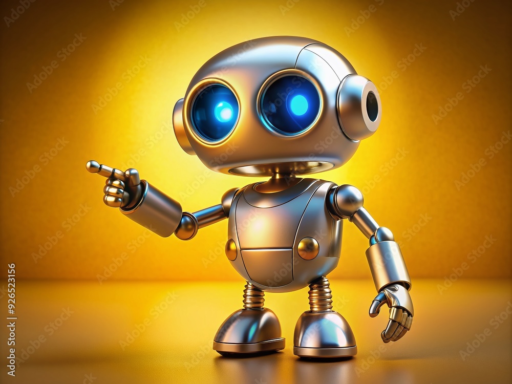 Small, endearing robot with shiny metal body and glowing blue eyes points its arm at a mysterious object against a vibrant yellow backdrop. Small, endearing robot with shiny metal body and glowing blue eyes points its arm at a mysterious object against a vibrant yellow backdrop.