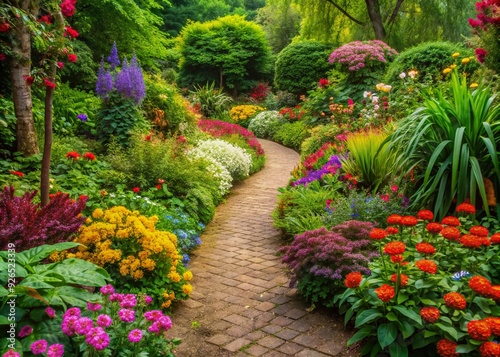 Vibrant flowers and lush greenery line a serpentine garden path, inviting exploration and relaxation, with ample copy space for design and messaging.