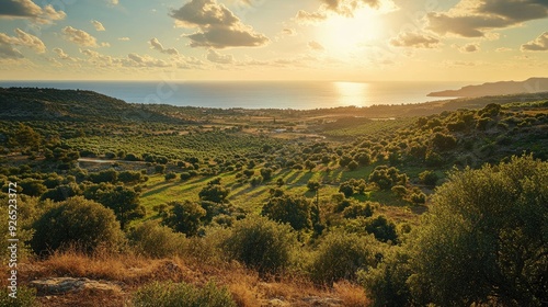 A panoramic view from Filerimos Hill, looking southwest over the lush landscape and distant sea in the bright afternoon sun. photo