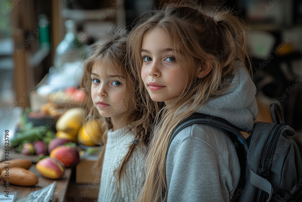 Children getting ready for school in the morning with the help of their parents. The image captures the essence of a busy and warm morning routine at home.