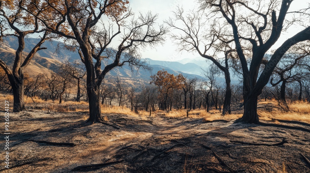 A post-fire landscape with dry, charred trees and scorched earth, highlighting the harsh impact of wildfires on the natural environment. A post-fire landscape with dry, charred trees and scorched earth, highlighting the harsh impact of wildfires on the natural environment.