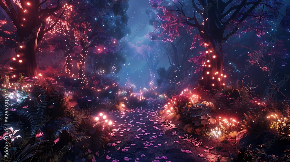 An AI-enhanced virtual reality landscape featuring a lush, interactive forest with glowing pathways and AI-generated creatures, experienced through a VR headset. Created Using: advanced VR technology, An AI-enhanced virtual reality landscape featuring a lush, interactive forest with glowing pathways and AI-generated creatures, experienced through a VR headset. Created Using: advanced VR technology,