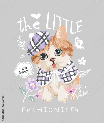 fashionista slogan with cartoon kitten in fashion style vector illustration