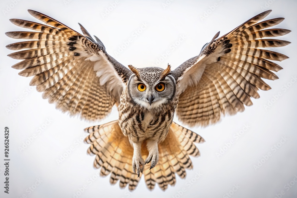 Majestic owl in flight, spread wings outstretched, feathers ruffled, eyes sharp, perched in mid-air against a pristine white background, evoking freedom and mystery. Majestic owl in flight, spread wings outstretched, feathers ruffled, eyes sharp, perched in mid-air against a pristine white background, evoking freedom and mystery.