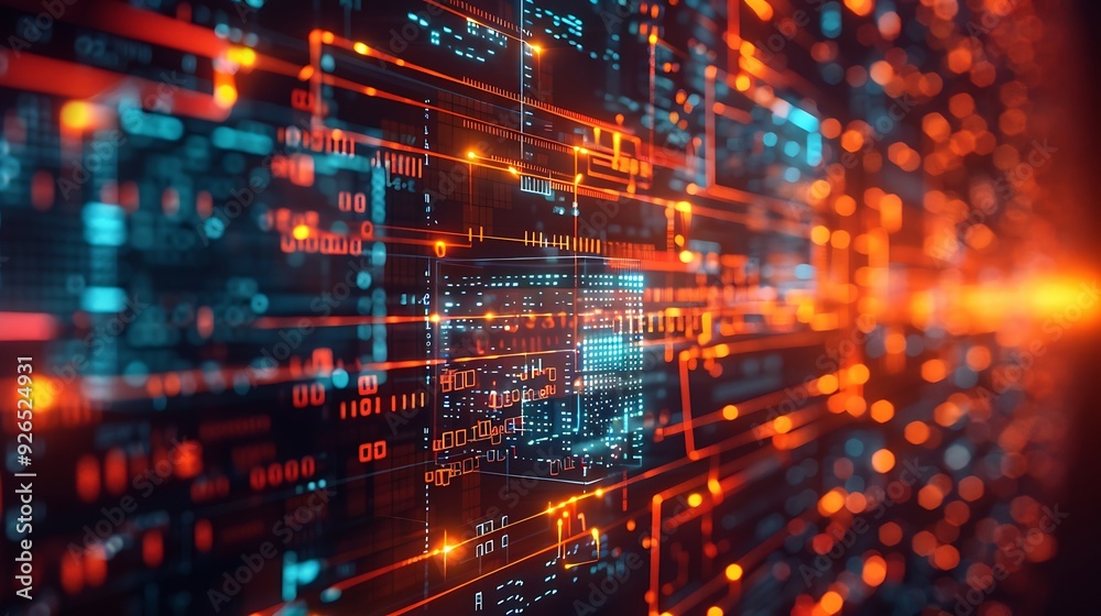 Obraz premium An artistic representation of machine learning algorithms working together, with flowing data lines and algorithm icons in a futuristic interface. Created Using: cybernetic art, neon lighting,