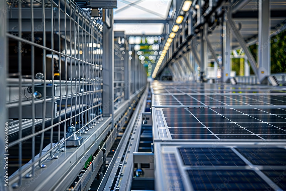 Solar Manufacturing Facility. High-tech production line for solar panels with automated equipment and quality control systems in a modern factory setting. Solar Manufacturing Facility. High-tech production line for solar panels with automated equipment and quality control systems in a modern factory setting.