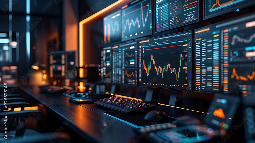 Automated trading systems using AI to execute trades, with real-time market data and glowing financial charts displayed on multiple screens in a modern office. Automated trading systems using AI to execute trades, with real-time market data and glowing financial charts displayed on multiple screens in a modern office.