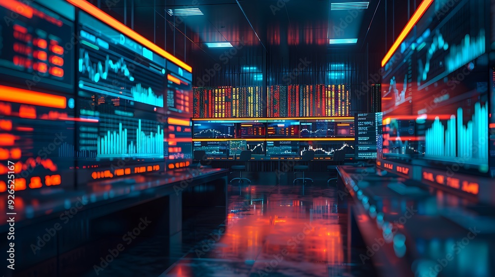 Automated trading systems using AI to execute trades, with real-time market data and glowing financial charts displayed on multiple screens in a modern office.