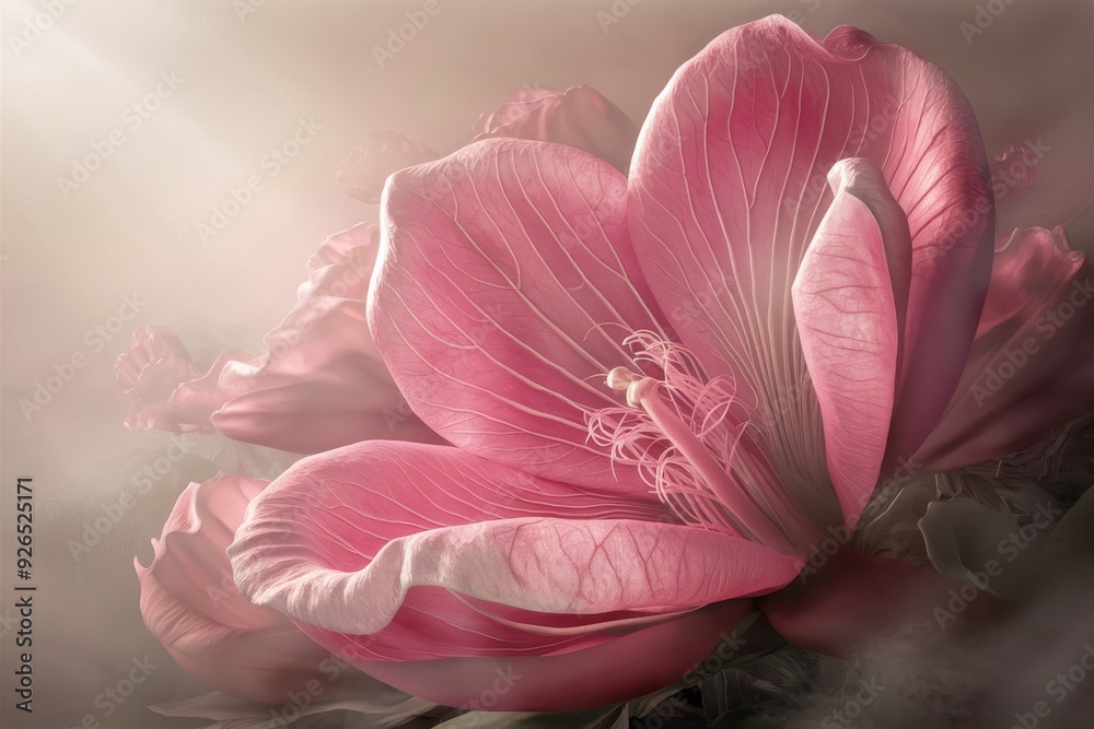 Close-up of a pink flower displaying detailed petals on a soft, blurred background. Concept of nature's beauty and floral elegance Close-up of a pink flower displaying detailed petals on a soft, blurred background. Concept of nature's beauty and floral elegance