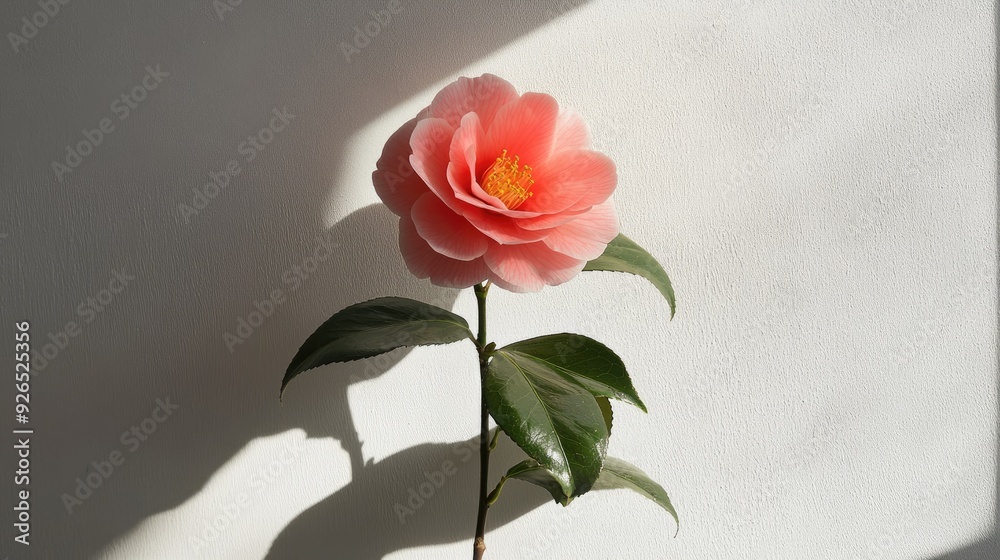 Obraz premium A single camellia bloom against a white wall, with natural light emphasizing the flower intricate details.