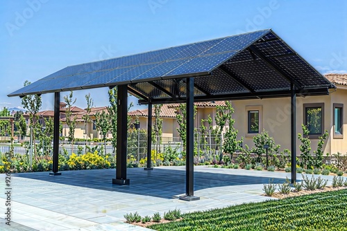 Solar Carport Structure. Modern solar panel carport in a residential area, providing shade and generating clean energy for nearby homes.