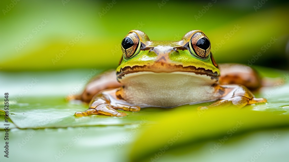 Macro shot of a frog on a lily pad. Macro shot of a frog on a lily pad.