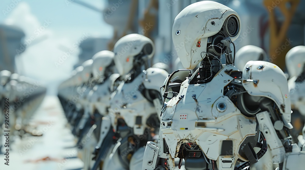 Fototapeta premium Robots assisting in disaster relief operations, performing tasks like search and rescue, with AI systems coordinating their efforts. Created Using: photorealistic style, high detail,