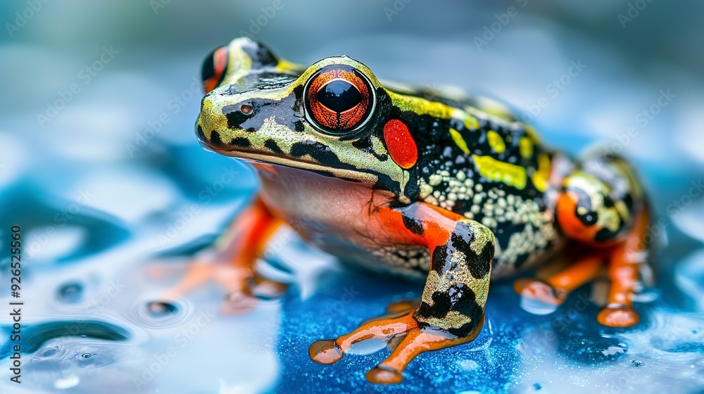 Macro Shot of Colorful Frog on Blue Surface. Wildlife and amphibian Macro Shot of Colorful Frog on Blue Surface. Wildlife and amphibian