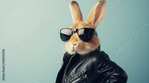 Rabbit wearing retro sunglasses and a tiny leather jacket, looking like a rockstar.