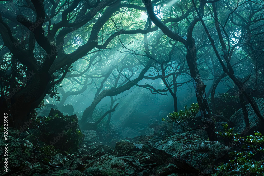 Halloween. A dark forest with twisted trees and swirling fog. The full moon casts an eerie light through the branches. Mysterious shadows and thick fog enhance the creepy atmosphere. Halloween. A dark forest with twisted trees and swirling fog. The full moon casts an eerie light through the branches. Mysterious shadows and thick fog enhance the creepy atmosphere.