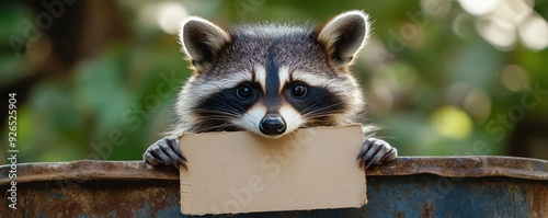 Mischievous raccoon peeking from trash can, holding blank lid sign