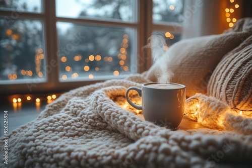 cozy winter scene with steaming mugs fuzzy blankets and twinkling lights warm golden glow bathes intimate space creating inviting atmosphere perfect for heartfelt conversations