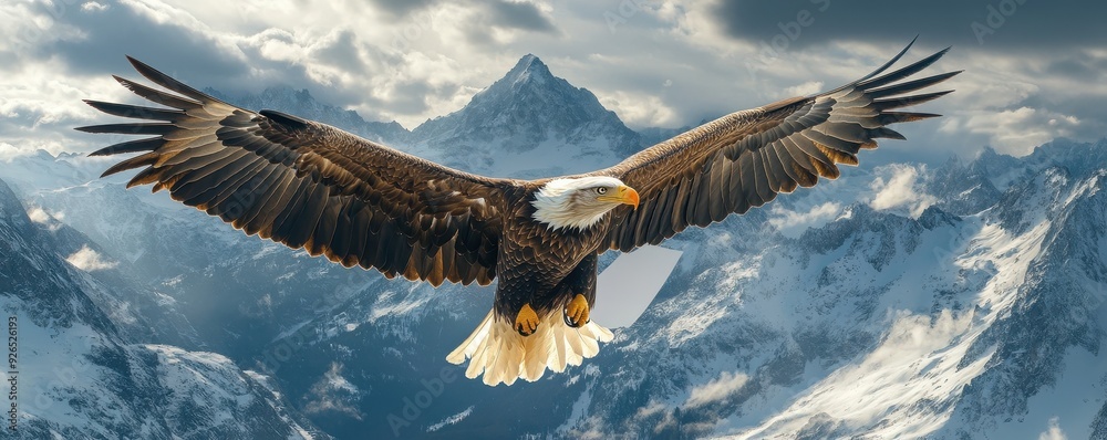 Naklejka premium Regal bald eagle grasping blank banner in talons, mountain peak
