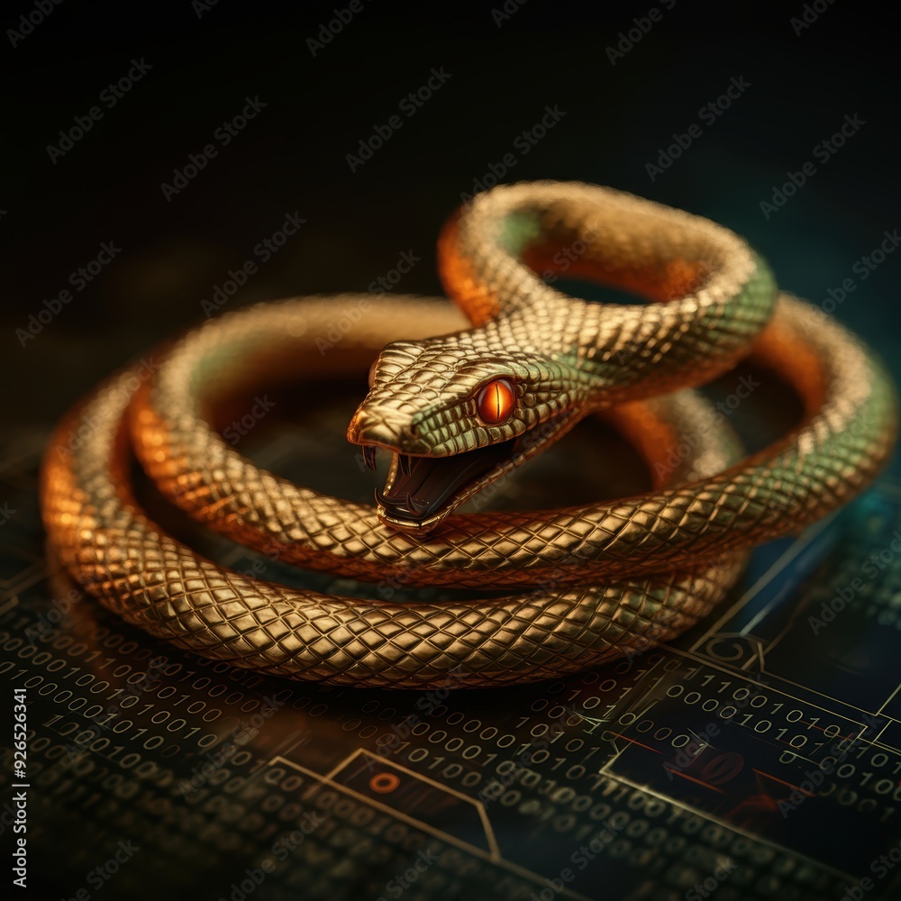 Naklejka premium A golden snake intertwined with binary code, symbolizing Python programming and coding.