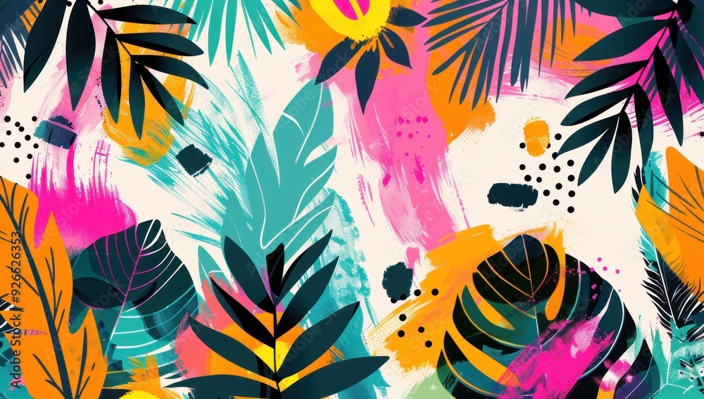 Vibrant abstract tropical leaves with colorful brush strokes Vibrant abstract tropical leaves with colorful brush strokes