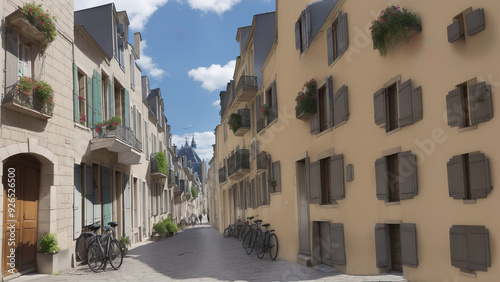 Vieux Quartier de Charmes - illusion, street, city, architecture, buildings, bike, shutters, windows, urban, alley, scenic, old town, European, narrow street, flowers photo