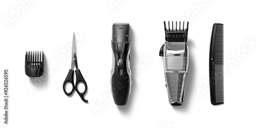 Various grooming tools are neatly arranged, showcasing scissors, a hair trimmer, clipper, and comb for hair cutting and styling