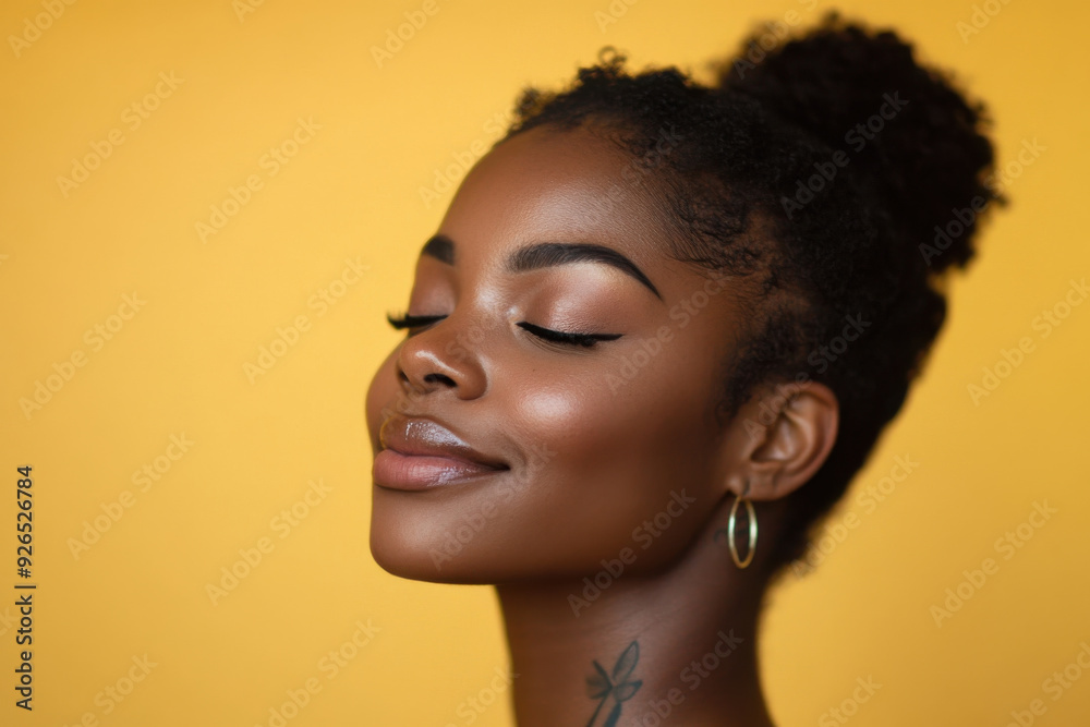 A close up of a tattooed black woman's face with her eyes closed A close up of a tattooed black woman's face with her eyes closed
