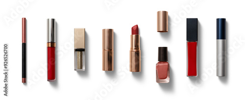 Various cosmetics including lipsticks, glosses, and nail polish are elegantly arranged on a white background, showcasing vibrant colors and textures