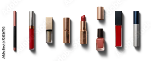 Obraz Various cosmetics including lipsticks, glosses, and nail polish are elegantly arranged on a white background, showcasing vibrant colors and textures
