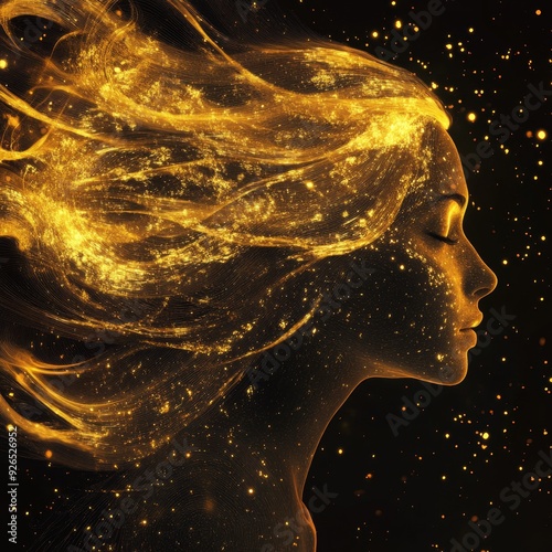 Enigmatic Scorpio: Golden Female Embodiment of Celestial Power. Abstract Zodiac Art Fusing Astrology and AI for Mystical Web Designs. Dreamy 4K Wallpaper Celebrating Scorpion Spirit and Cultural Symbo photo