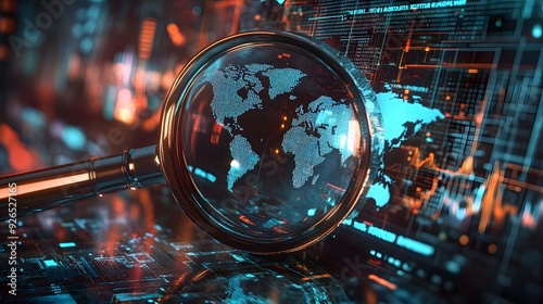 A magnifying glass focuses on a glowing globe, representing global connectivity and digital exploration.