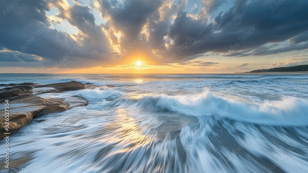 A top-down view of waves flowing over the rocks at North Curl Curl rock pool during a storm, with the first light of morning illuminating the scene. A top-down view of waves flowing over the rocks at North Curl Curl rock pool during a storm, with the first light of morning illuminating the scene.