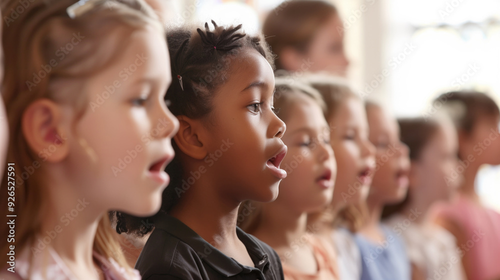 Diverse group of children singing in a choir, side view with bright background. Concepts of music, teamwork, and cultural diversity. Diverse group of children singing in a choir, side view with bright background. Concepts of music, teamwork, and cultural diversity.