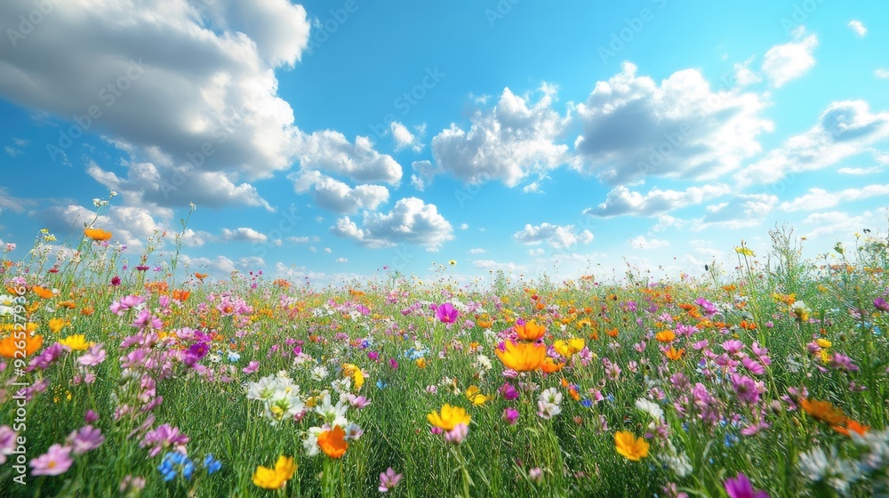 A vast field of multicolored wildflowers in full bloom, stretching towards a clear blue sky dotted with fluffy clouds. A vast field of multicolored wildflowers in full bloom, stretching towards a clear blue sky dotted with fluffy clouds.