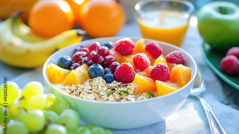 A wholesome breakfast scene with a bowl of muesli and an assortment of fresh fruits, with the bright colors of the fruits adding visual appeal and healthiness. A wholesome breakfast scene with a bowl of muesli and an assortment of fresh fruits, with the bright colors of the fruits adding visual appeal and healthiness.