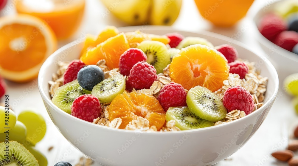 A wholesome breakfast scene with a bowl of muesli and an assortment of fresh fruits, with the bright colors of the fruits adding visual appeal and healthiness. A wholesome breakfast scene with a bowl of muesli and an assortment of fresh fruits, with the bright colors of the fruits adding visual appeal and healthiness.