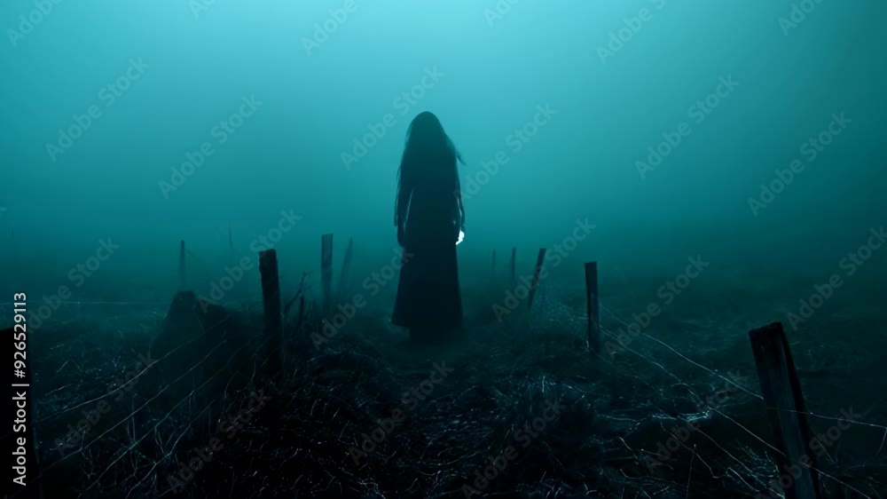 Eerie silhouette of a figure standing in a misty field at night, creating a chilling and mysterious atmosphere. Perfect for horror themes, supernatural concepts, and suspenseful storytelling