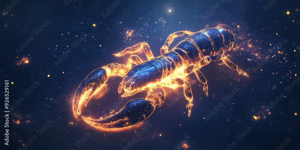 Naklejka premium Mystical Scorpio: Enchanting Cosmic Scorpion Radiating Magical Light in Space. AI-Generated Abstract Zodiac Art for Captivating Web Designs and Marketing. Dreamy 4K Wallpaper Blending Astrology and Fu