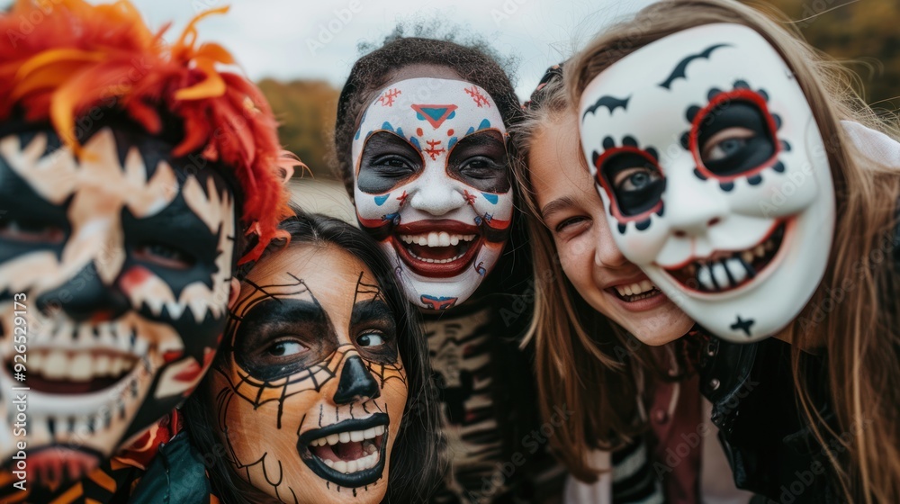 Fototapeta premium A group of friends wearing different Halloween masks, smiling together.