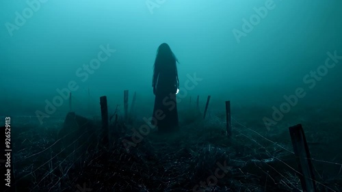 Eerie silhouette of a figure standing in a misty field at night, creating a chilling and mysterious atmosphere. Perfect for horror themes, supernatural concepts, and suspenseful storytelling